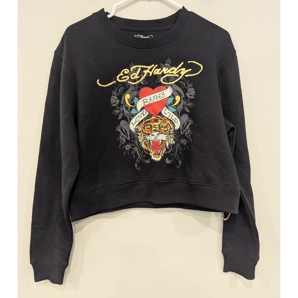 Ed Hardy Love Runs Wild Tiger Long Sleeve Crop Sweatshirt Size Large